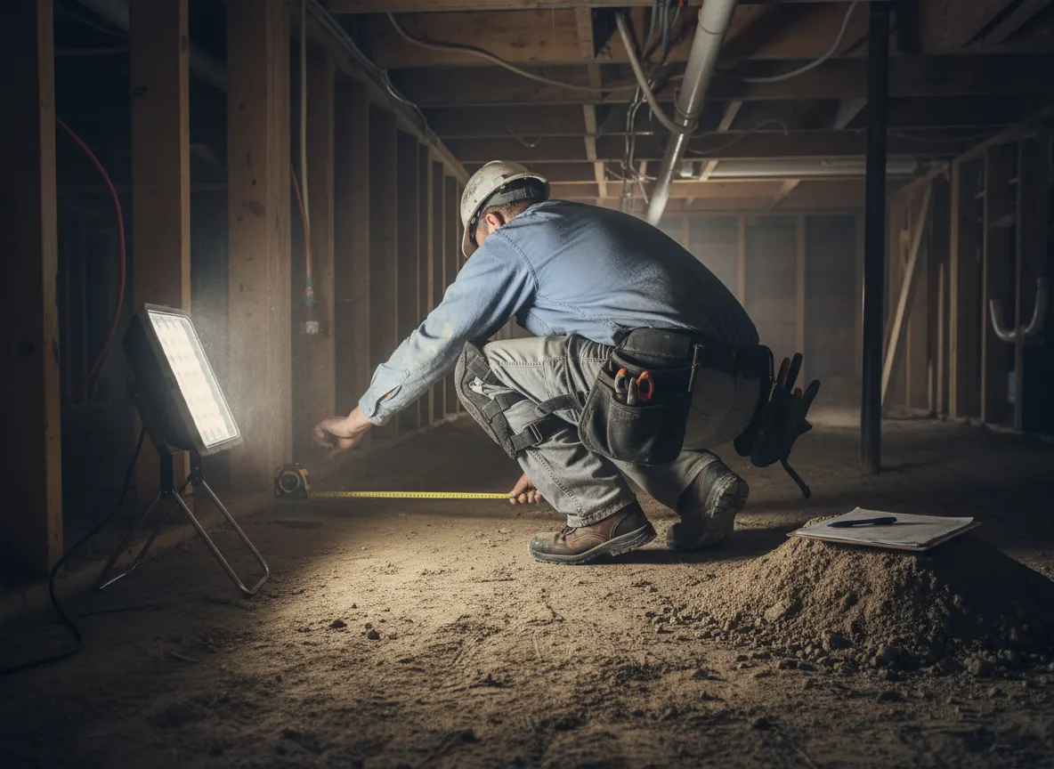 Contractor measuring a crawl space to prepare an itemized encapsulation quote
