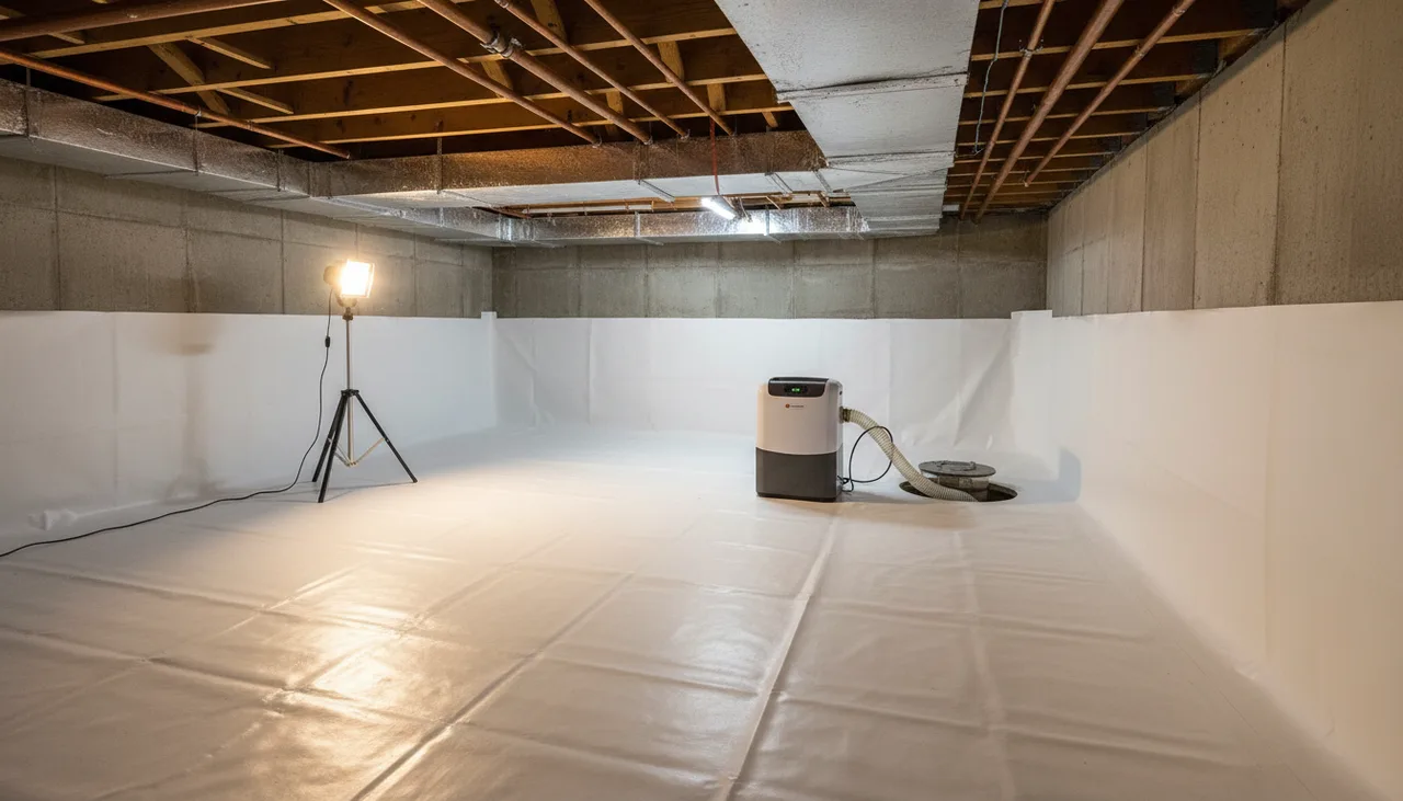 Dehumidifier installed in a Wisconsin crawl space with a hose running to a condensate drain