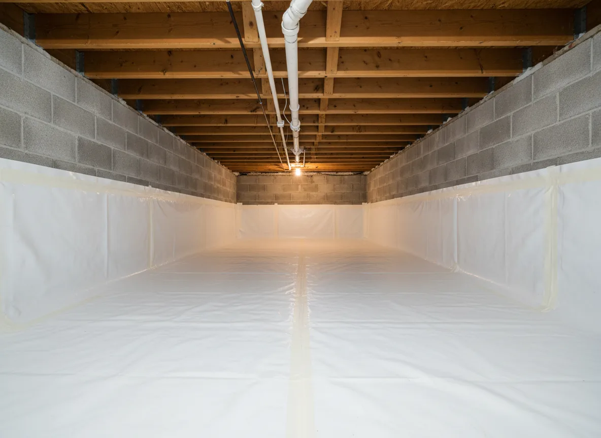 Clean encapsulated crawl space with a sealed white vapor barrier on the floor and foundation walls