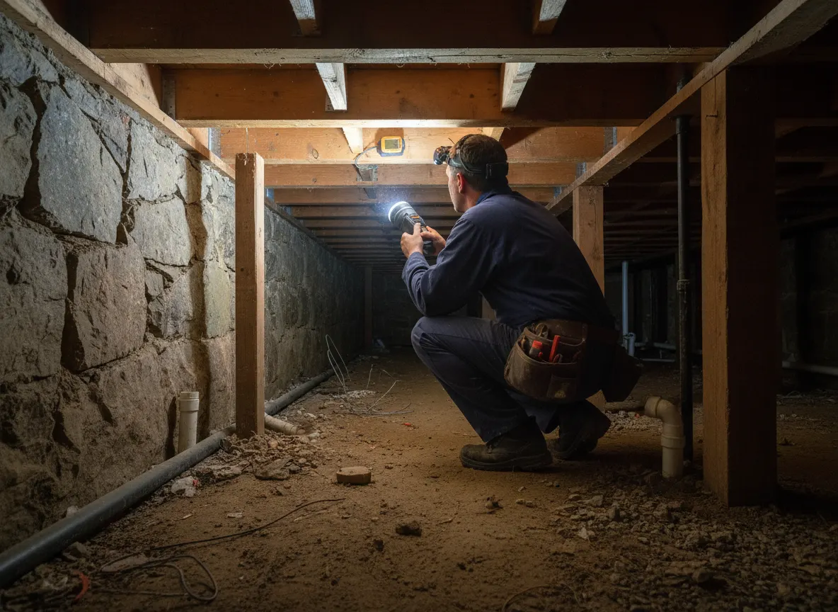 A contractor with a flashlight checking moisture and framing condition inside a crawl space