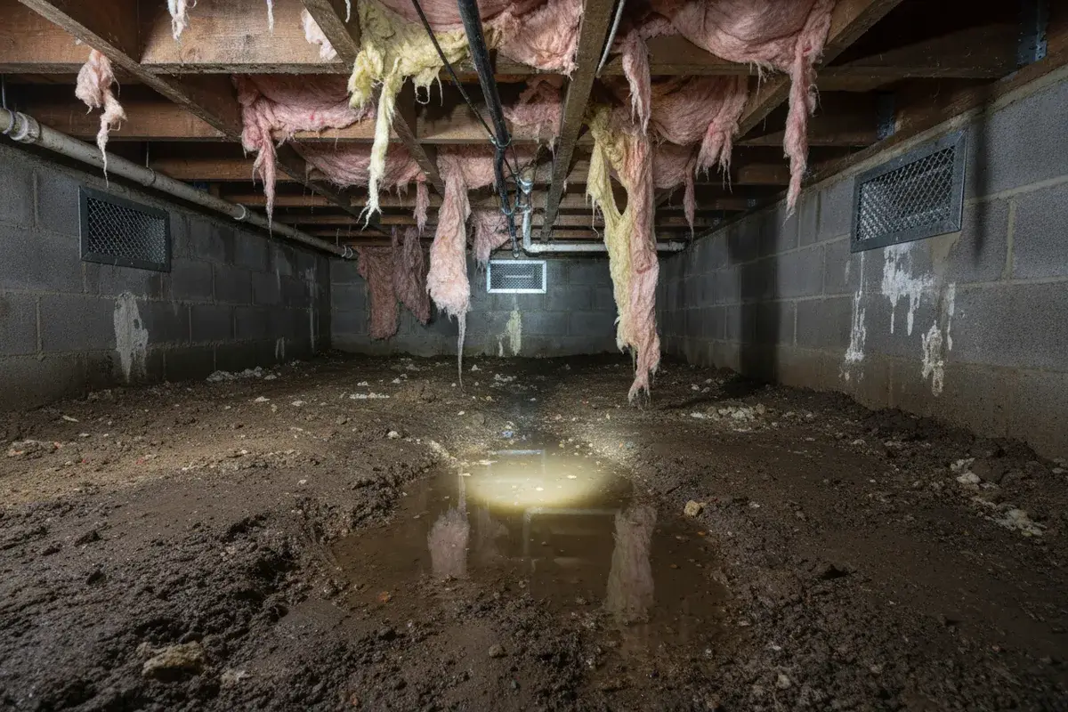 Damp vented crawl space with sagging insulation and standing water beneath wooden floor joists