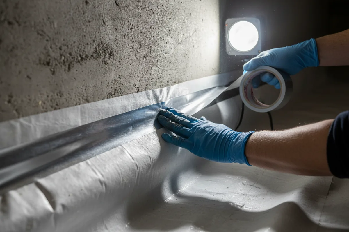 Gloved hands sealing the taped seam of a white crawl space vapor barrier against the foundation wall