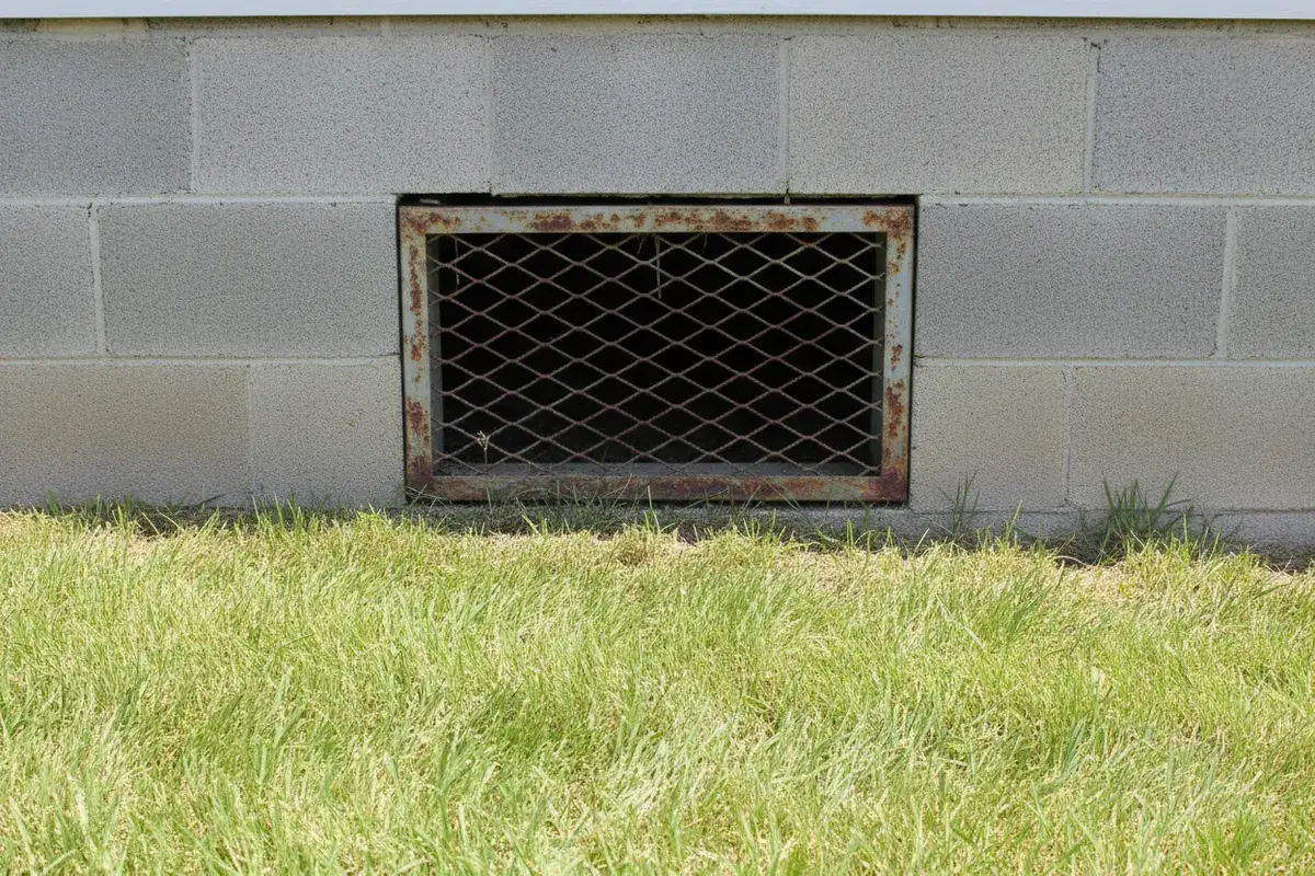 1970s-era Eau Claire home with an open crawl space vent along the foundation