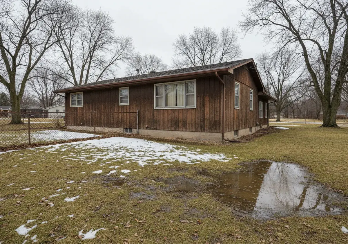 Older Wisconsin home in early spring with melting snow pooling near the foundation
